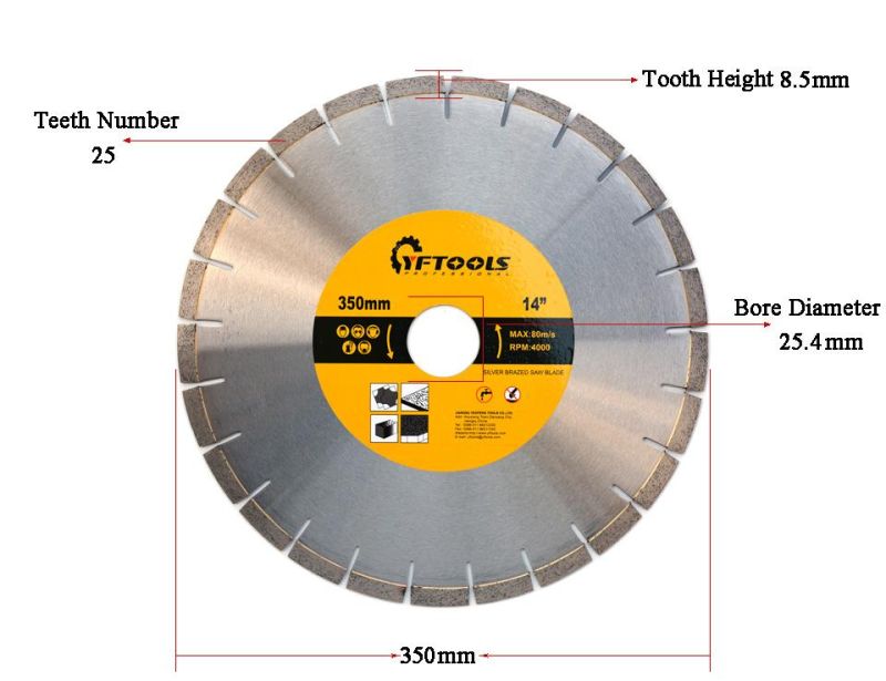 350mm High Quality Brazed Diamond Cutting Tool Granite Stone Saw Blade